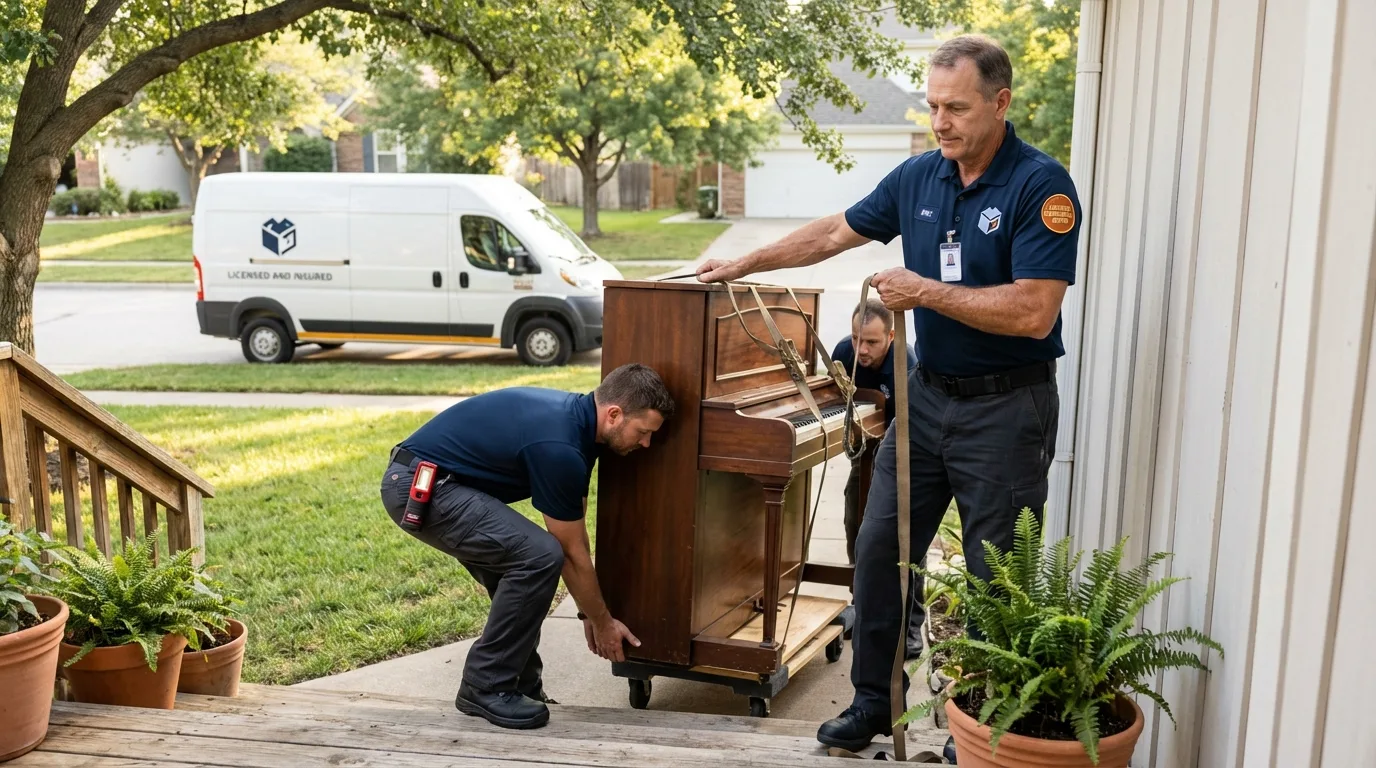 Licensed piano movers securing grand piano in Olean, NY