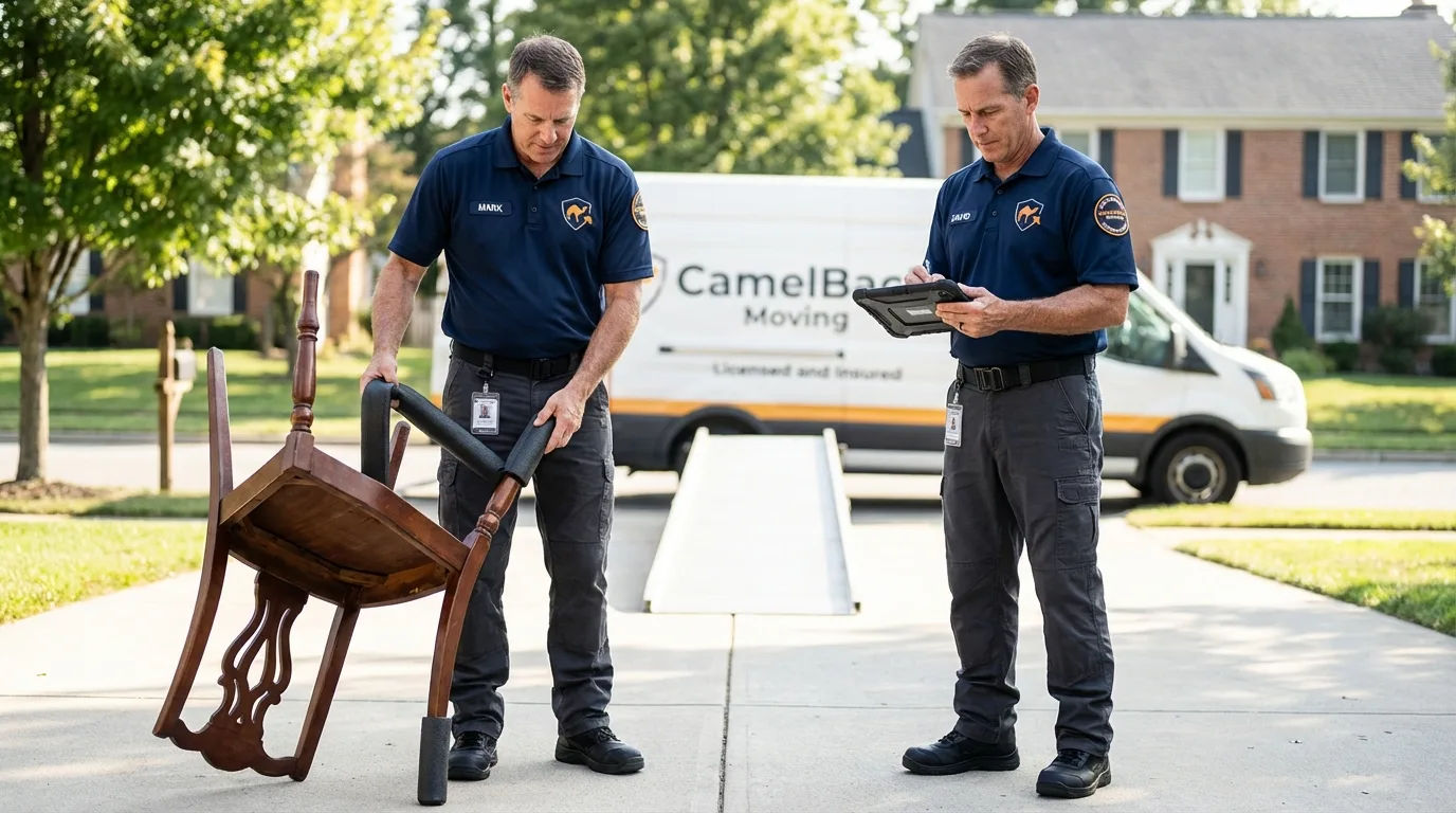 Movers inspecting furniture for damage prevention before loading in Olean, NY