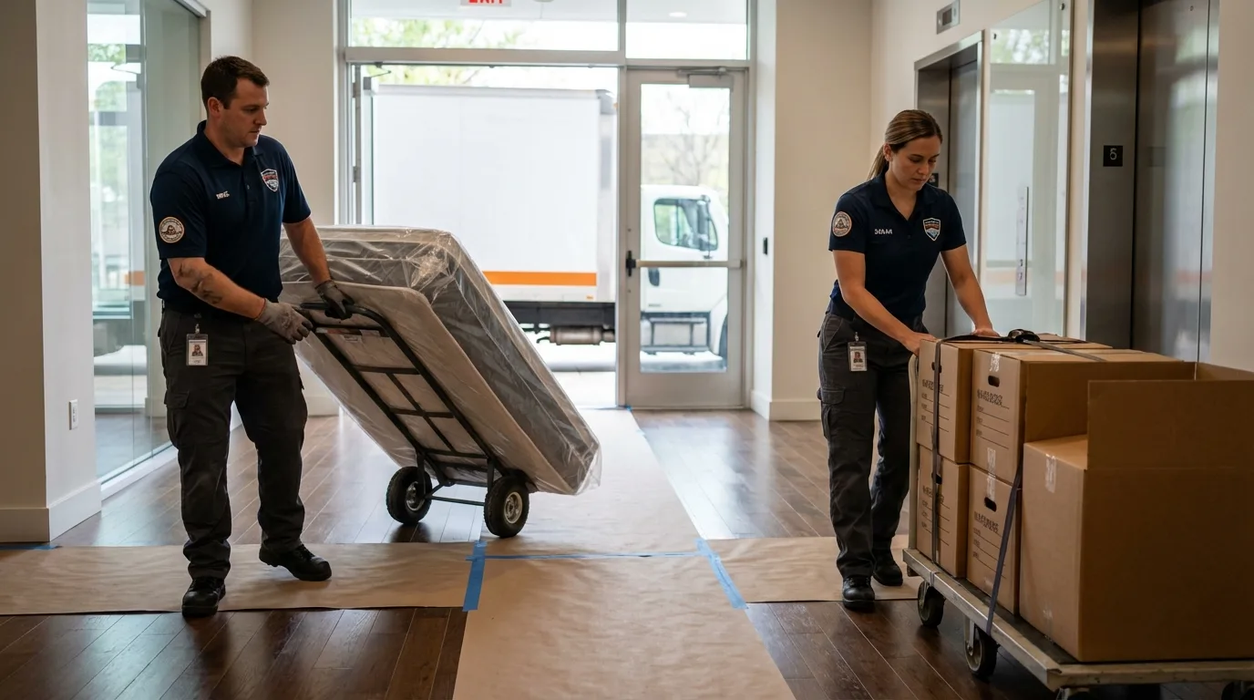 Professional apartment movers loading elevator in Olean, NY