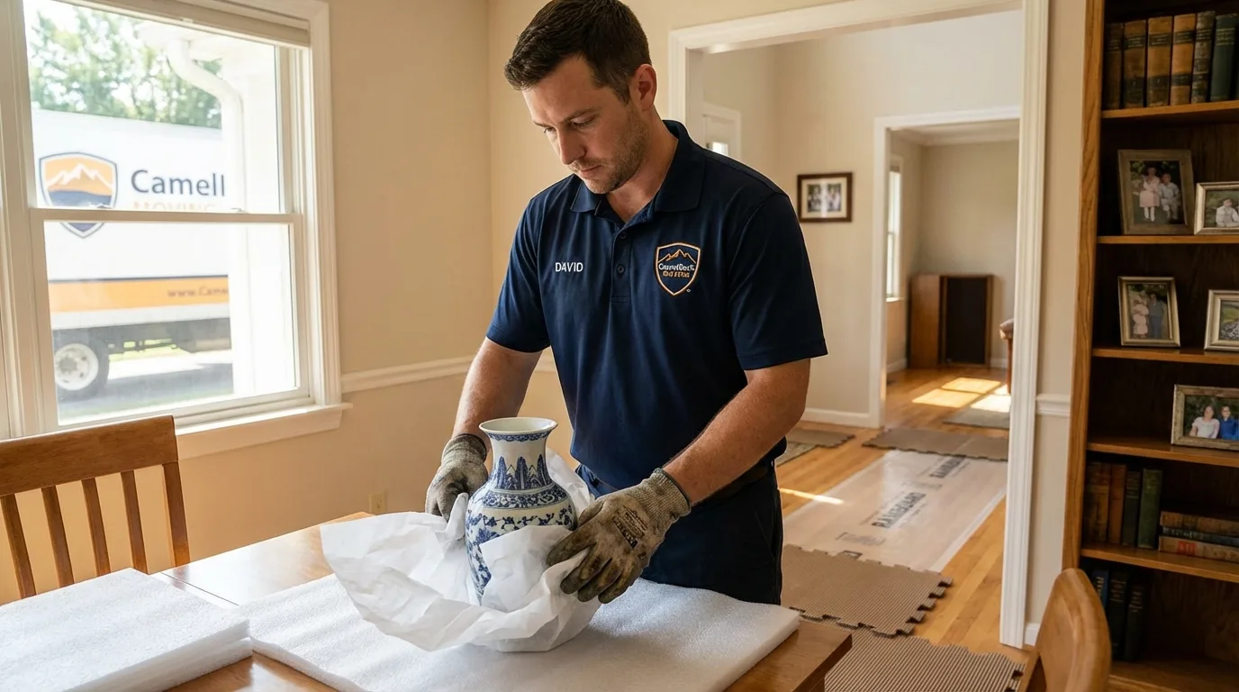 Professional crew carefully wrapping antique vase for senior downsizing move in Olean, NY